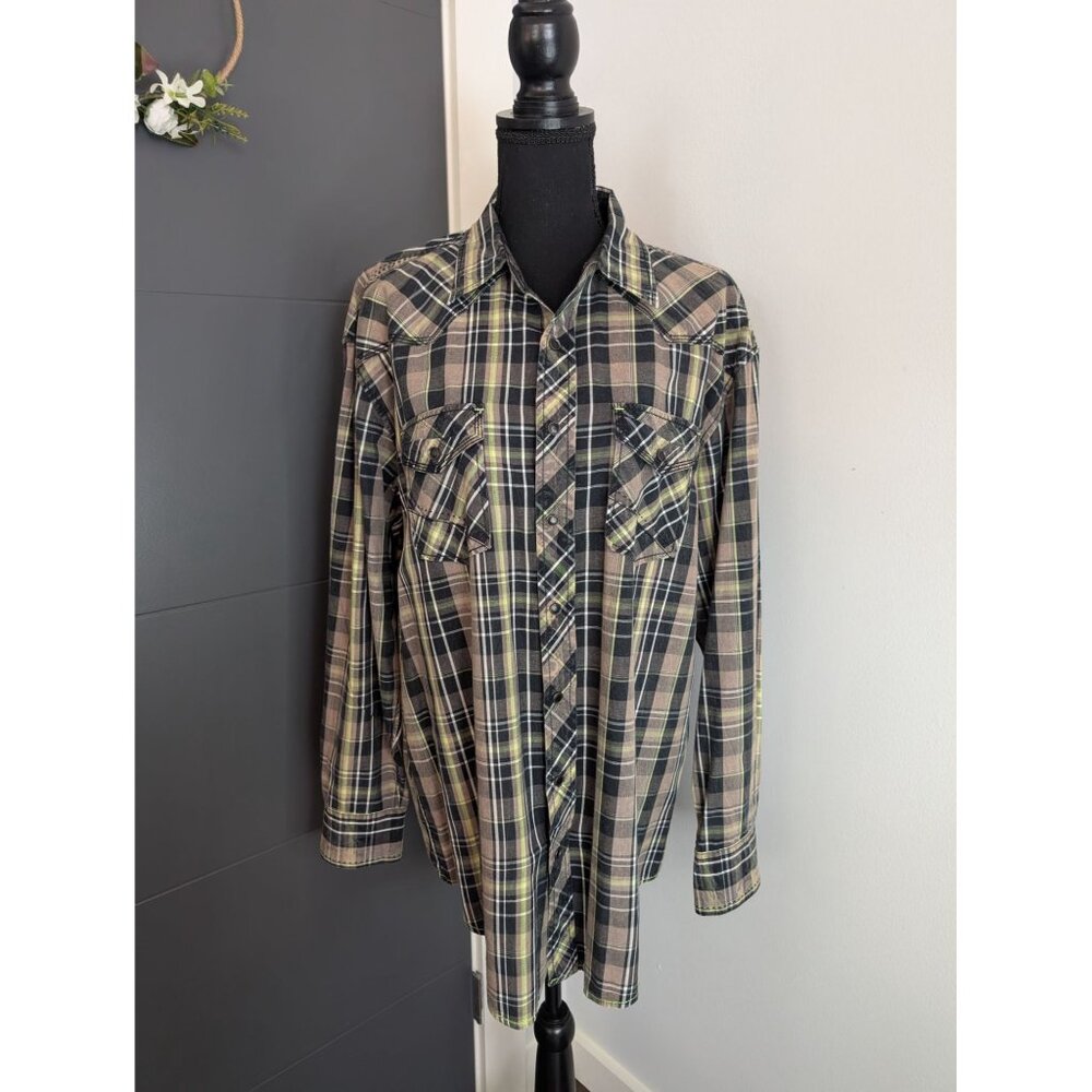 Cowboy Up Classic Fit Black‎ White and Green Plaid Pearl Snap - L
